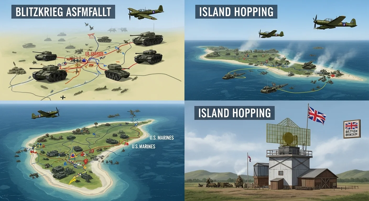 125+ World War 2 Riddles & Answers: Journey Through History 7 World War 2 tactical comparison showing German Blitzkrieg tank assault and Pacific Theater island hopping campaign maps