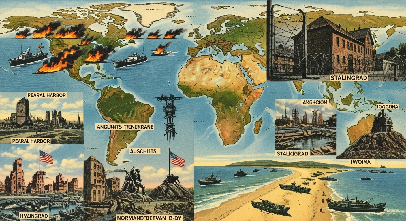 125+ World War 2 Riddles & Answers: Journey Through History 8 World War 2 global map showing major battlefields including Pearl Harbor, D-Day, Stalingrad, and Pacific Theater locations
