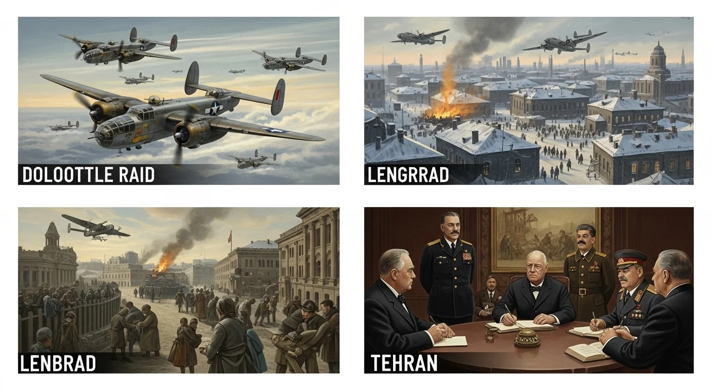 125+ World War 2 Riddles & Answers: Journey Through History 4 World War 2 major operations including Doolittle Raid bombers, Siege of Leningrad, and Tehran Conference leaders