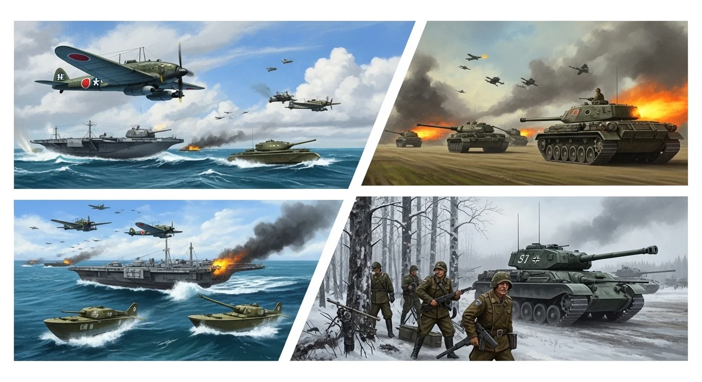 125+ World War 2 Riddles & Answers: Journey Through History 3 World War 2 battle scenes showing Pacific theater naval combat and European theater tank warfare with aircraft
