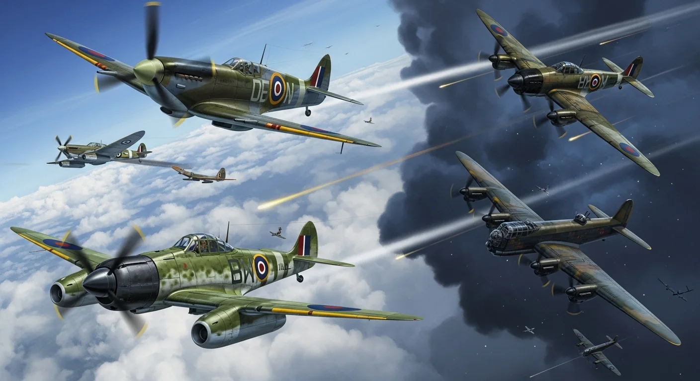 125+ World War 2 Riddles & Answers: Journey Through History 5 World War 2 RAF Spitfire fighters and early jet aircraft engaged in aerial combat dogfight over clouds
Title: RAF Spitfire vs German Jet Fighter - World War 2 Aerial Combat Battle