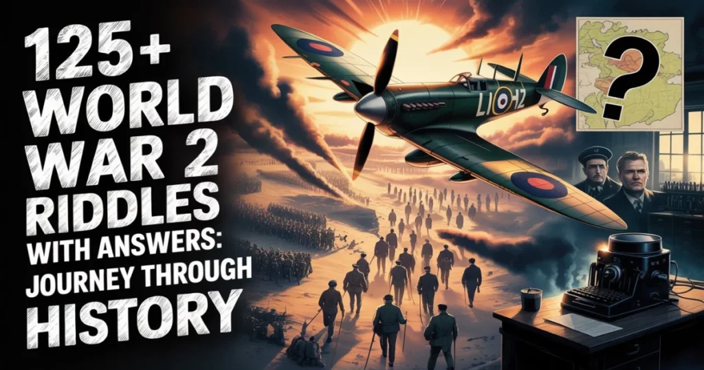 World War 2 riddles book cover featuring Spitfire fighter plane, marching soldiers, and vintage equipment with dramatic sunset sky