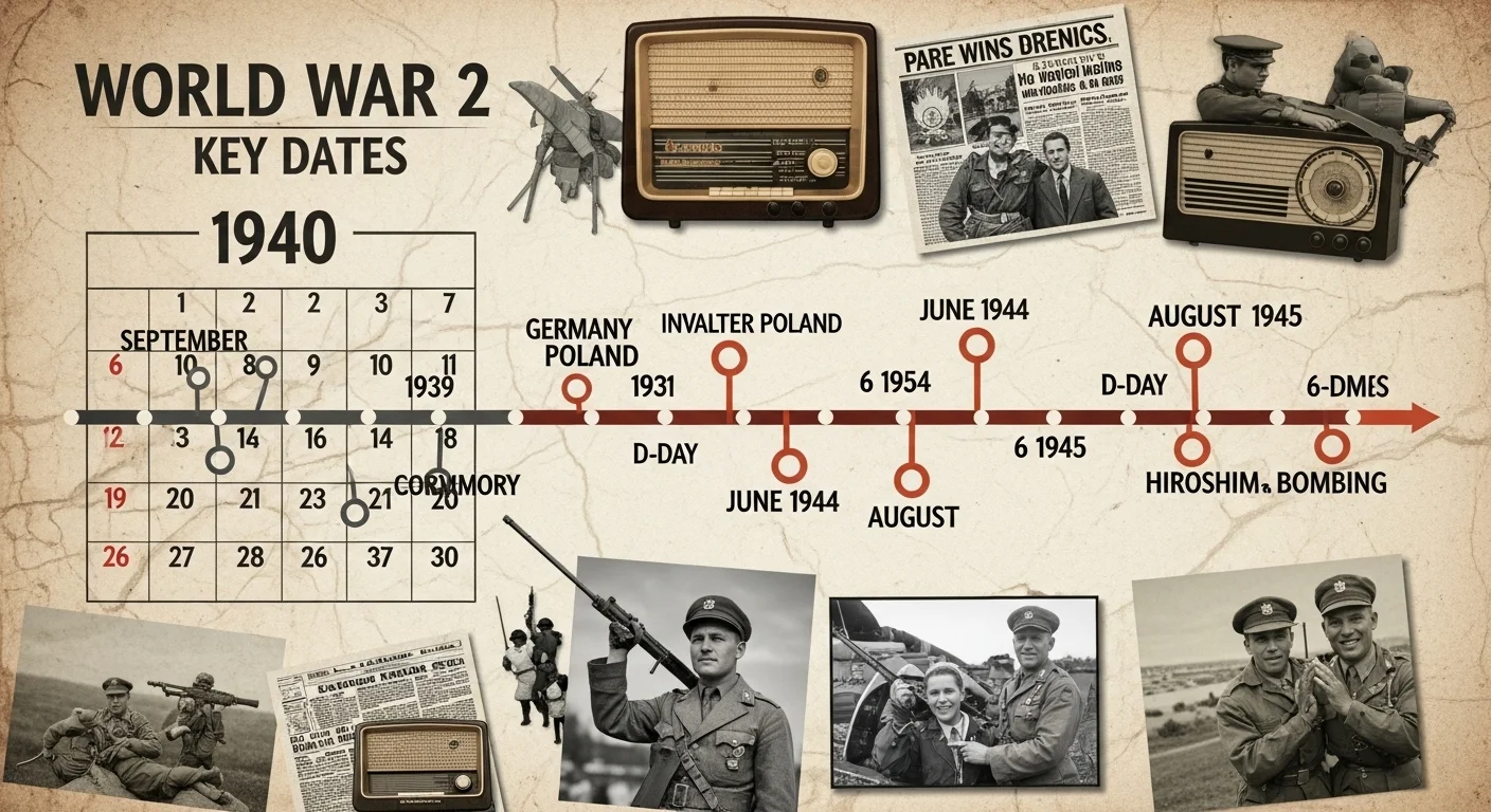 125+ World War 2 Riddles & Answers: Journey Through History 9 World War 2 chronological timeline showing key dates from 1939 invasion of Poland to 1945 atomic bombing and surrender