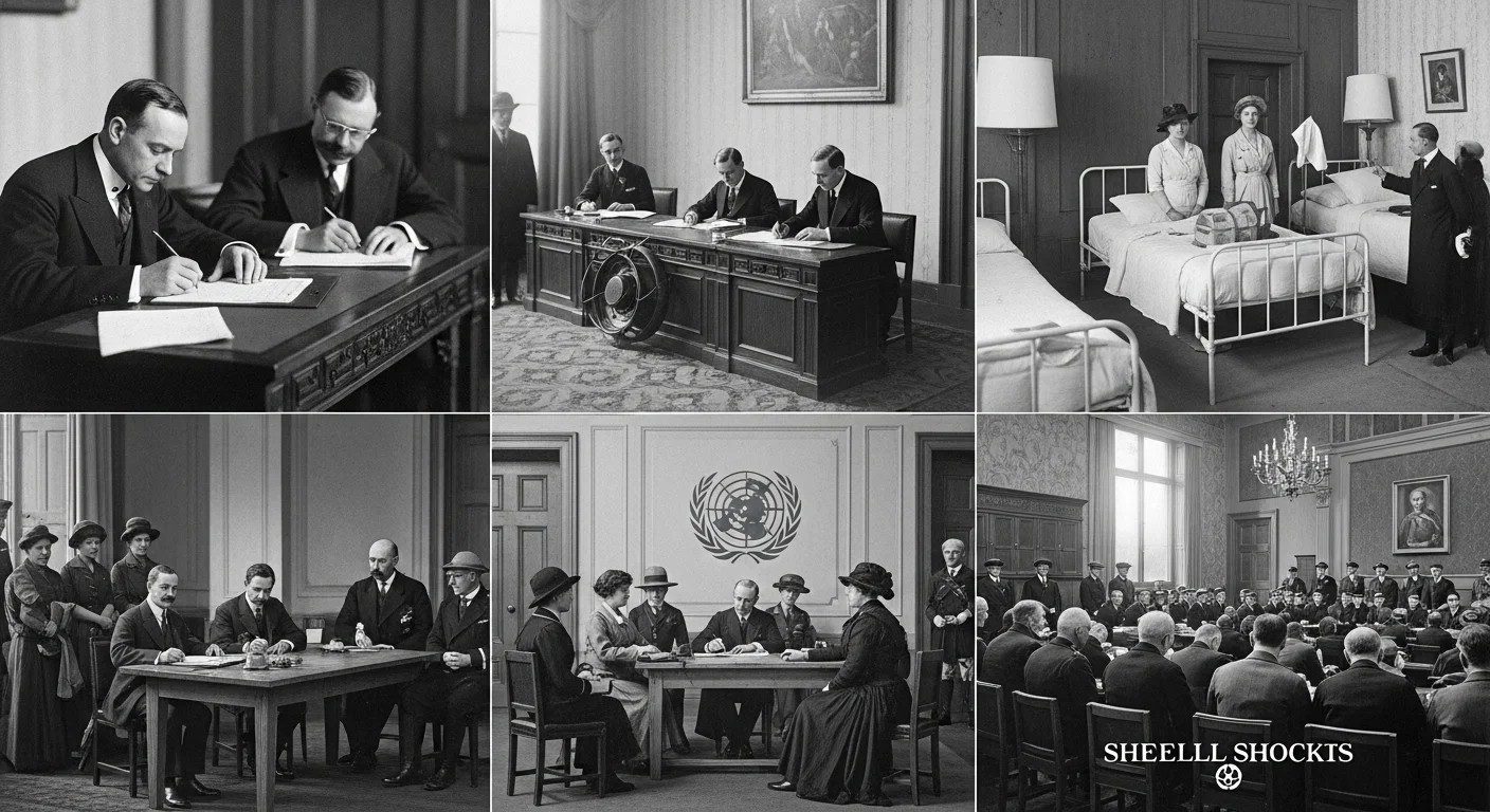 125+ World War 1 Riddles & Answers: Test Your Great War Knowledge 5 WWI armistice signing ceremonies, medical treatment scenes, and shell shock aftermath in formal government settings