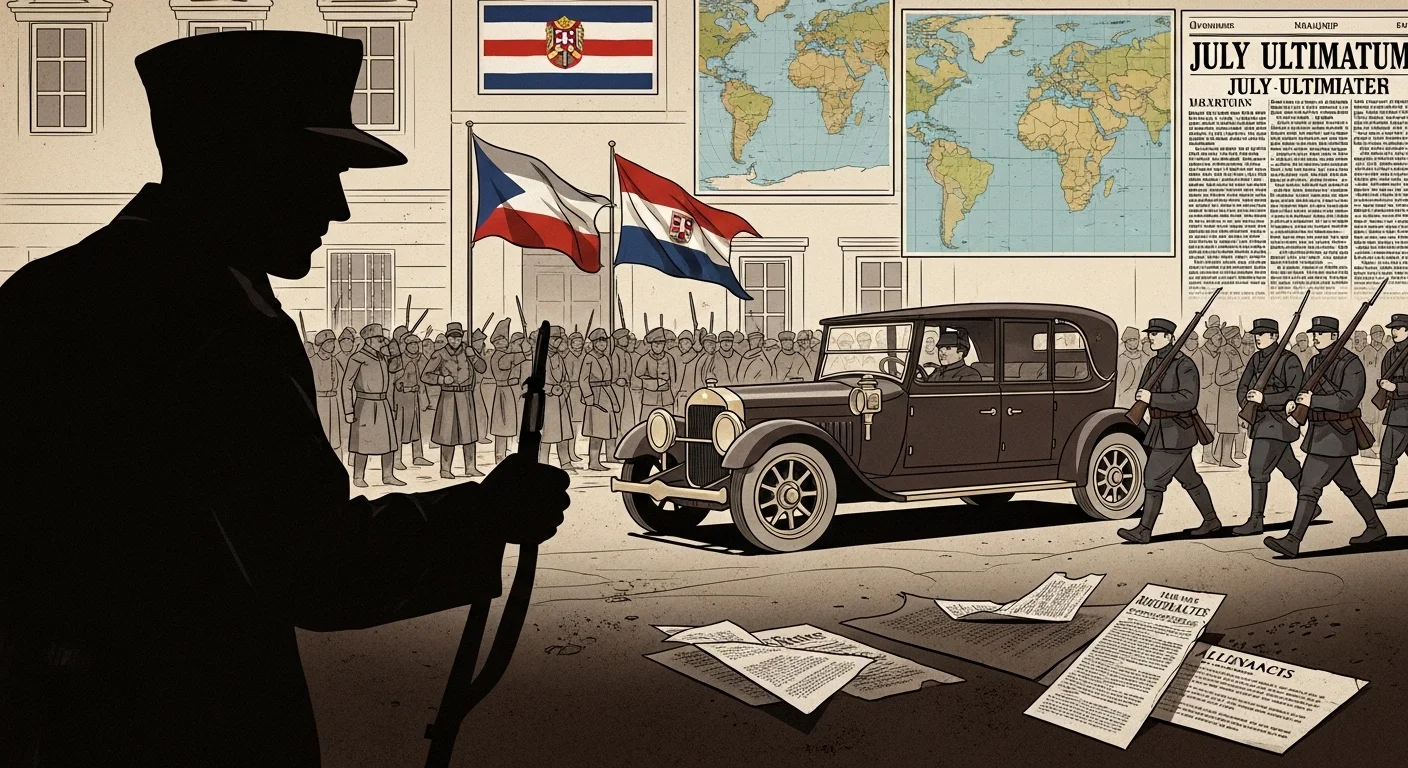 125+ World War 1 Riddles & Answers: Test Your Great War Knowledge 1 Historical illustration of Archduke Franz Ferdinand's assassination in Sarajevo 1914 with period automobiles and crowds in world war 1 riddles