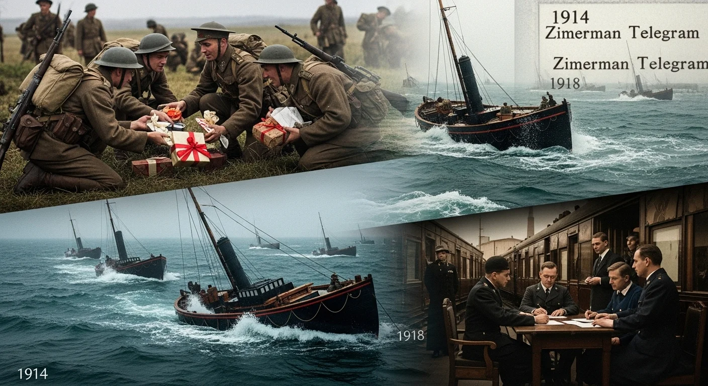 125+ World War 1 Riddles & Answers: Test Your Great War Knowledge 2 WWI Christmas Truce soldiers sharing gifts, Zimmermann Telegram reference, and naval submarine warfare scenes