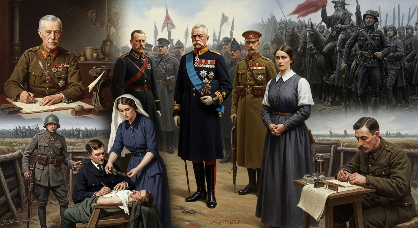 125+ World War 1 Riddles & Answers: Test Your Great War Knowledge 6 WWI military commanders and field officers in formal portraits with battle scenes and nursing care backgrounds