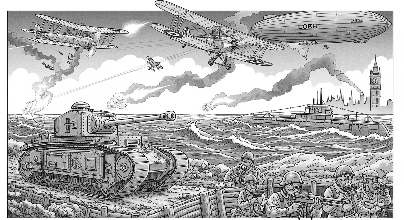 125+ World War 1 Riddles & Answers: Test Your Great War Knowledge 4 WWI military technology showcase featuring early tanks, biplanes, zeppelins, and submarines in detailed illustration
