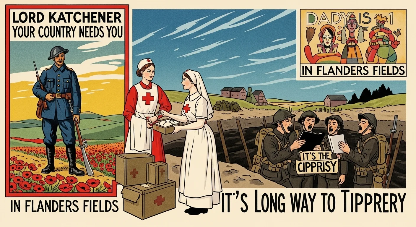 125+ World War 1 Riddles & Answers: Test Your Great War Knowledge 7 WWI recruitment poster featuring Lord Kitchener, Red Cross nurses in Flanders Fields, and soldiers singing popular war songs