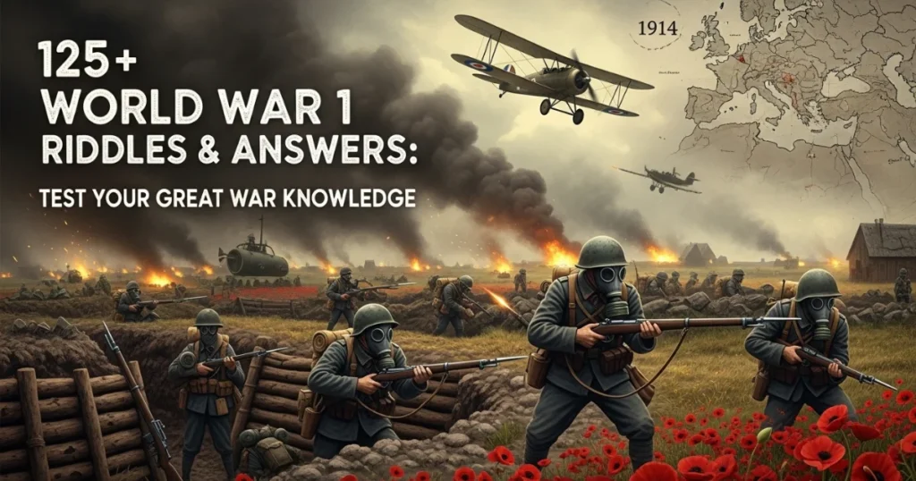 World War 1 battlefield scene with soldiers in gas masks and trenches, featuring WWI riddles and quiz promotional text