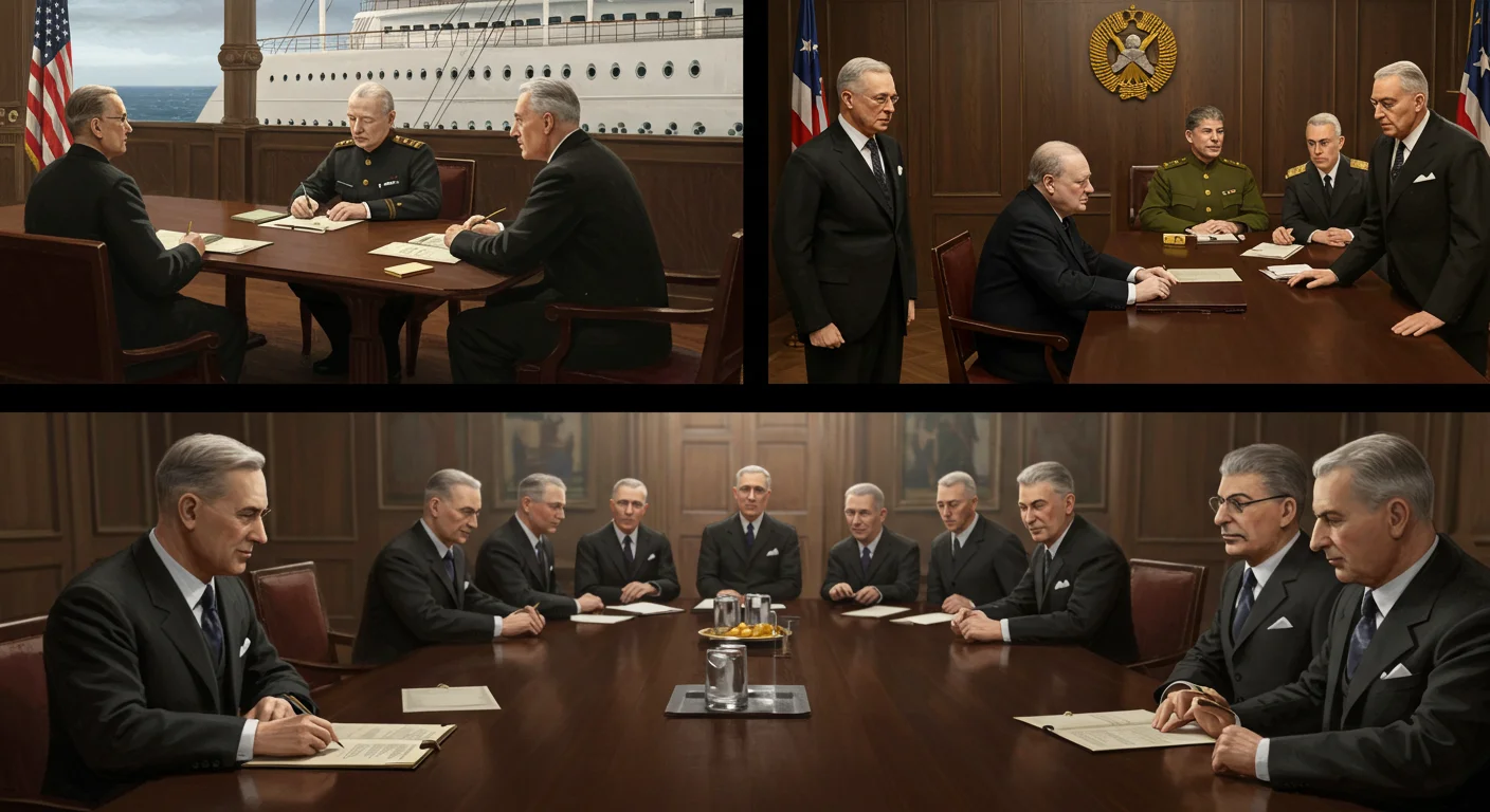125+ World War 2 Riddles & Answers: Journey Through History 16 World War 2 Allied conference meetings showing military and political leaders in formal diplomatic sessions aboard ships and in government buildings