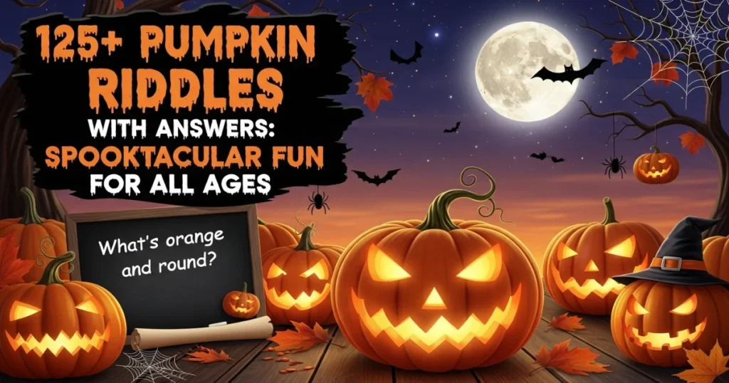 Halloween pumpkin riddles header with jack-o-lanterns and spooky night scene