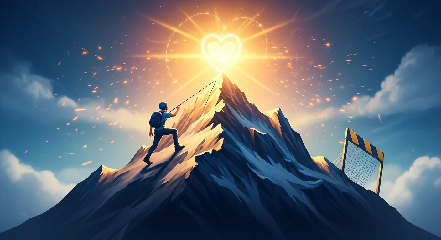 125+ Psychology Riddles & Answers: Unravel the Mysteries of Mind 7 Person climbing mountain toward glowing heart goal with achievement symbols