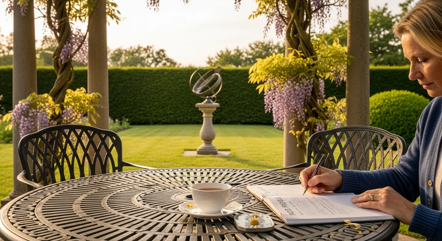 125+ Garden Riddles with Answers: Unravel the Mysteries of Nature 2 Woman writing garden riddles at outdoor table in peaceful garden