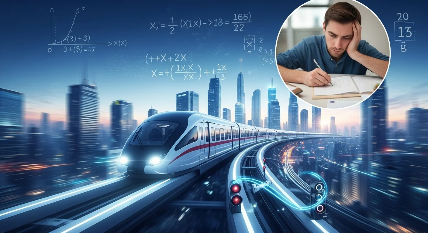 Modern bullet train with mathematical equations and student solving problems