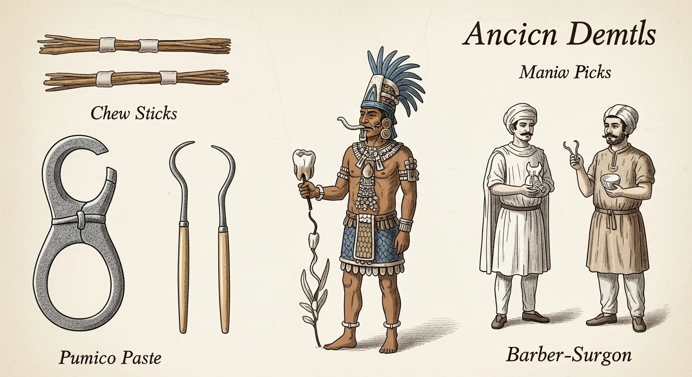125+ Tooth Riddles & Answers: A Fun Journey Through Dental Health 12 Historical illustration showing ancient dental tools including chew sticks, pumice paste, mania picks used by ancient dentists and barber-surgeons