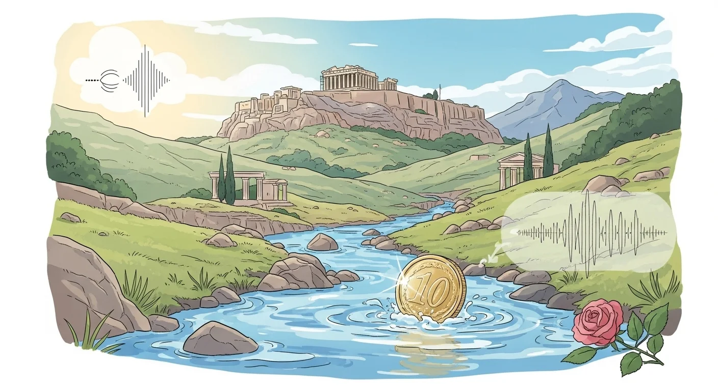 125+ Greek Riddles with Answers: Unravel the Mysteries of Ancient Greece 2 Greek countryside with Acropolis, olive branch, and cultural symbols