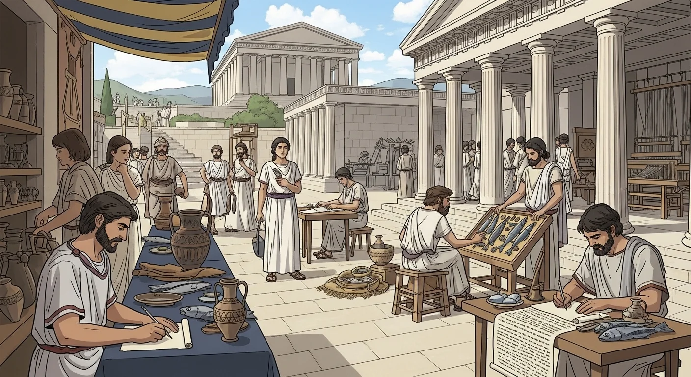 125+ Greek Riddles with Answers: Unravel the Mysteries of Ancient Greece 6 Busy Greek marketplace with artisans, pottery, and daily commerce