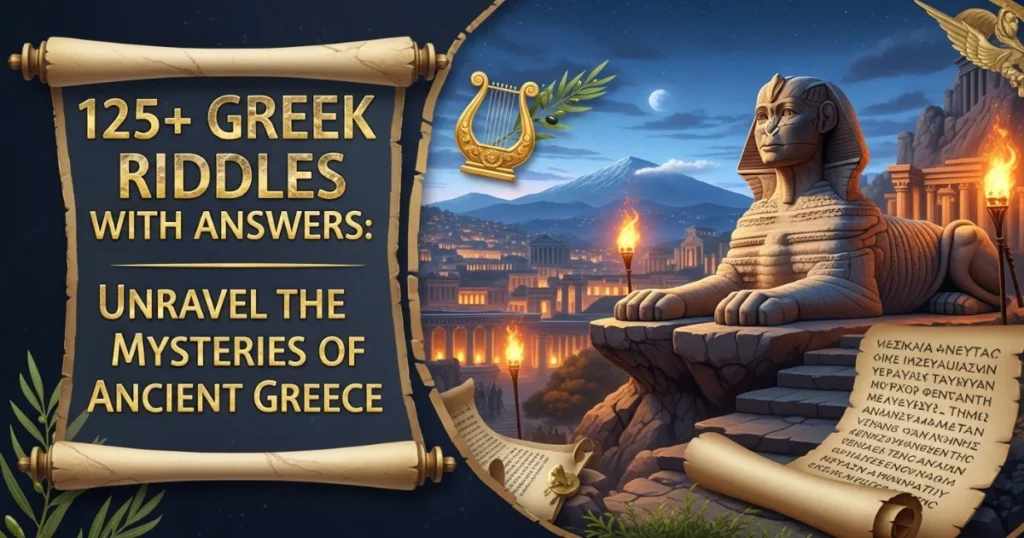 Ancient Greek riddles scroll with sphinx and classical architecture