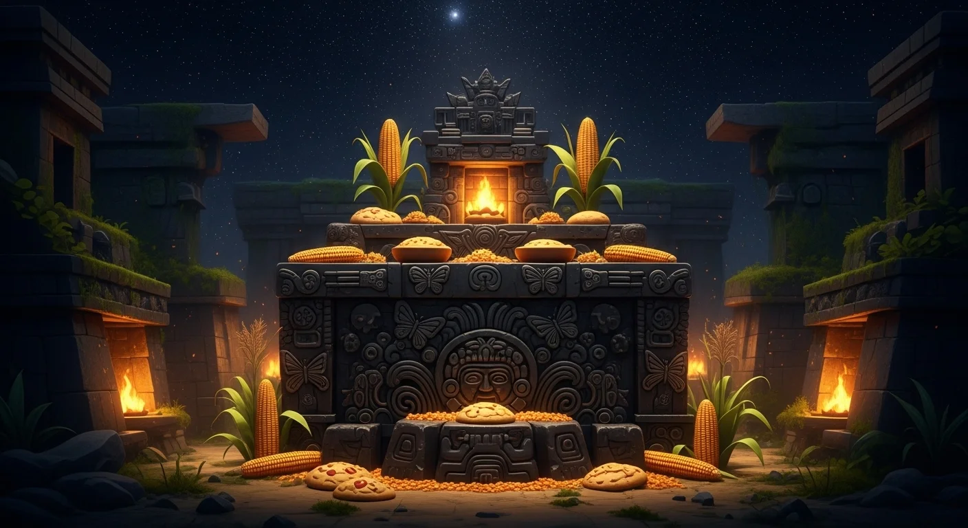 Ancient Mayan temple altar with corn offerings and sacred agricultural ceremony setup