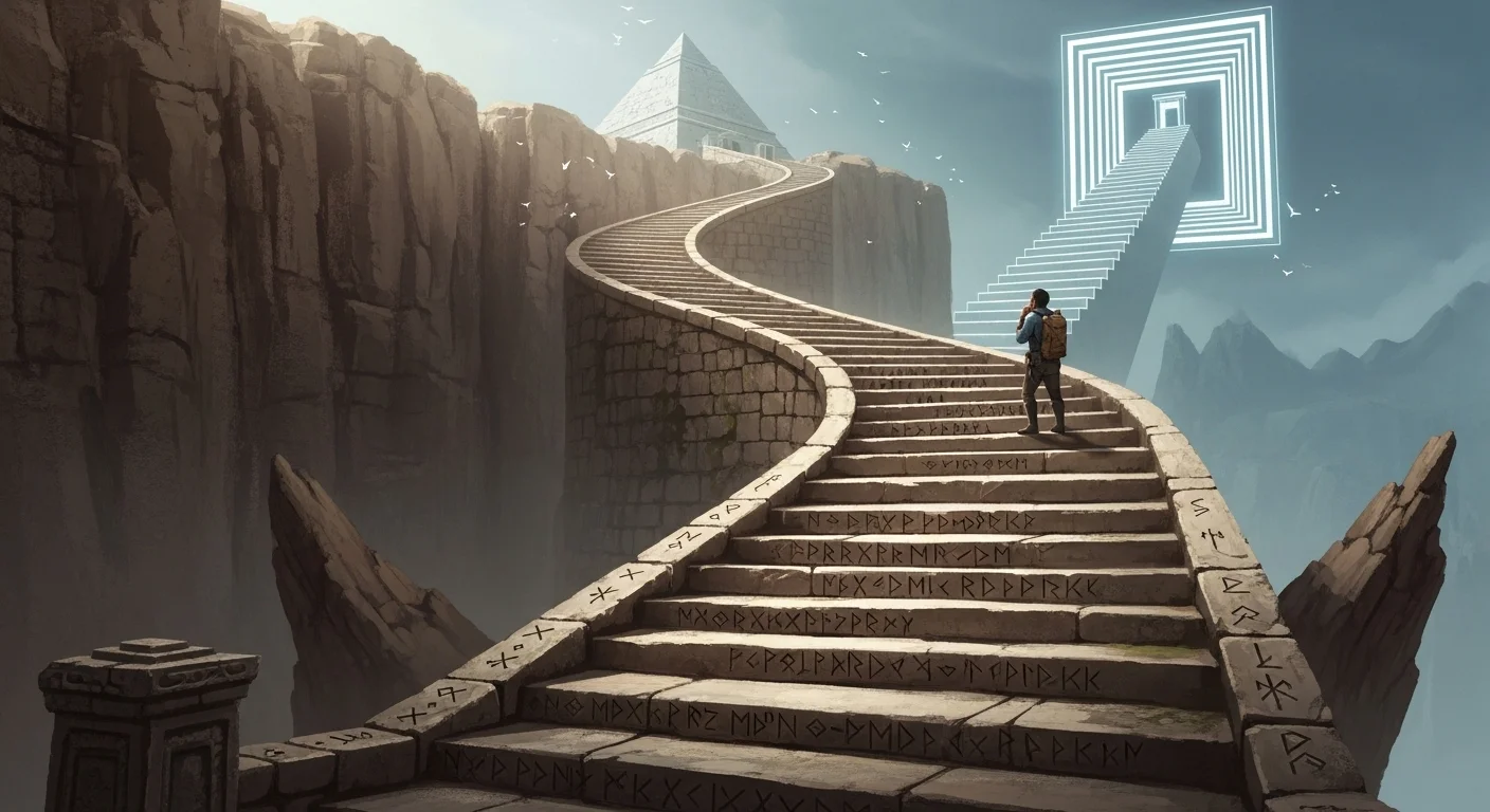 Ancient stone staircase with mysterious symbols and glowing portal at the top
