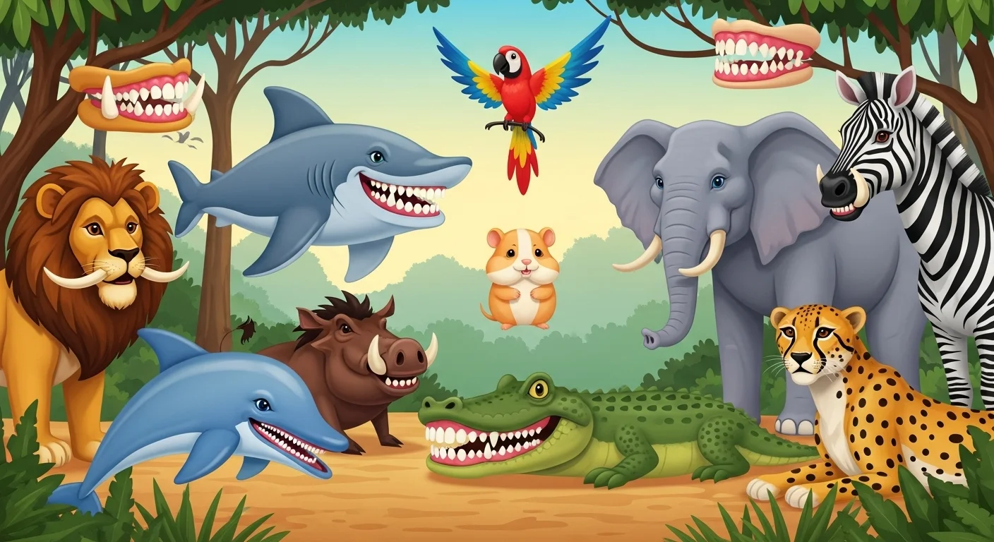 125+ Tooth Riddles & Answers: A Fun Journey Through Dental Health 8 Educational illustration showing diverse animal dental structures including lion, shark, elephant, zebra, and other wildlife with visible teeth and dental anatomy