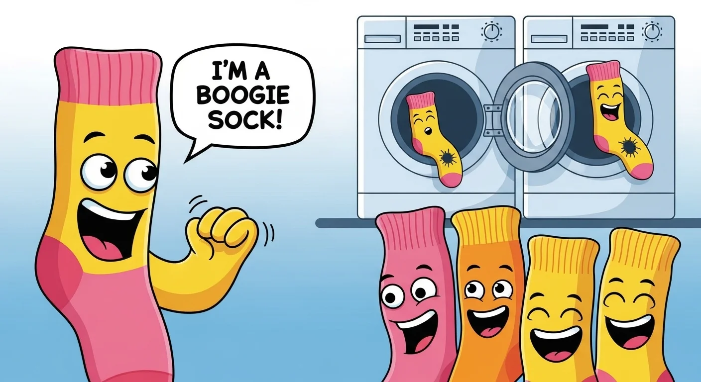 125+ Socks Riddles with Answers: From Classic to Hilarious 2 Cartoon sock characters dancing in laundromat washing machines