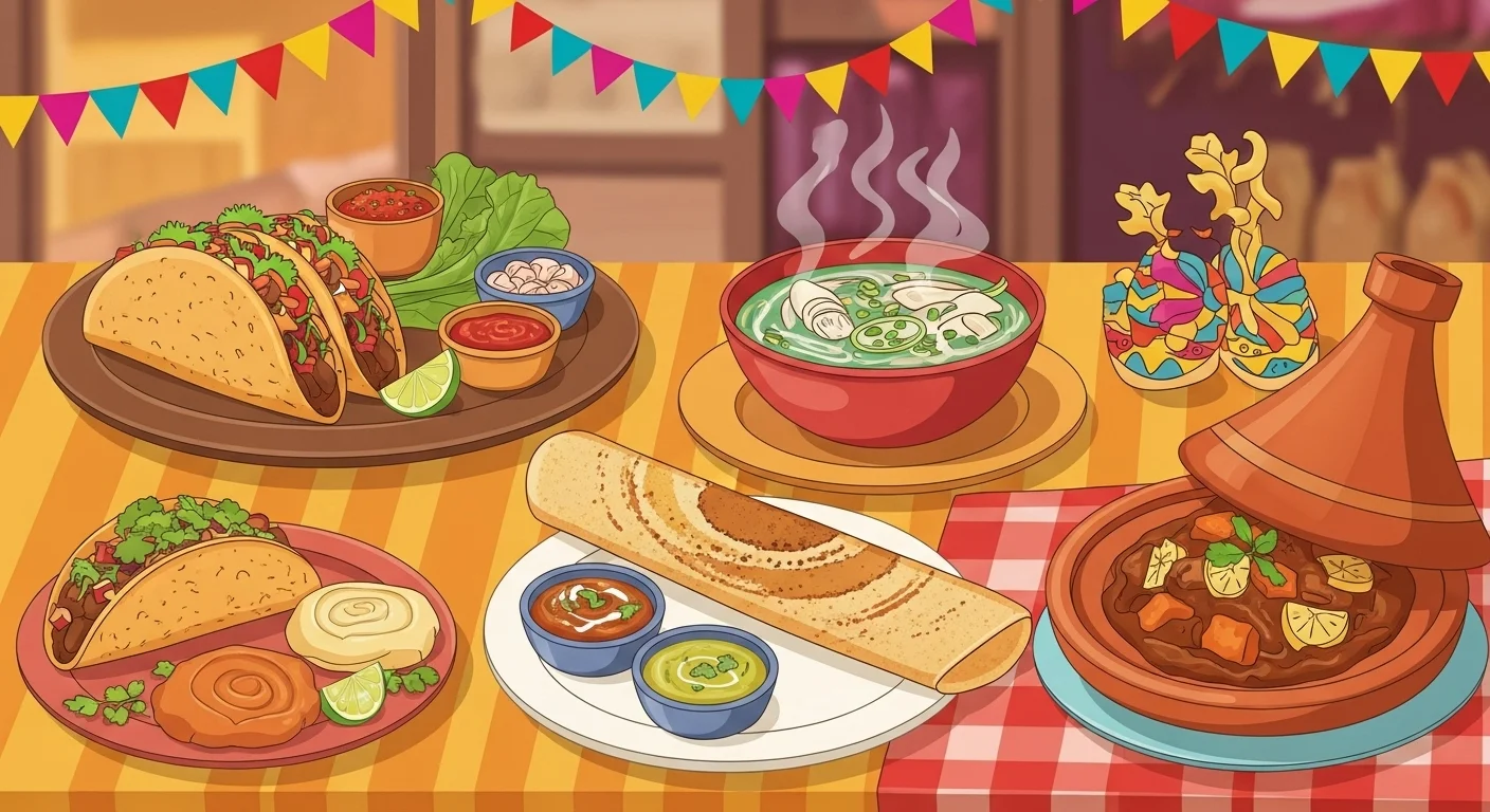 Traditional Mexican food spread with tacos, pozole soup, tamales and festive decorations
