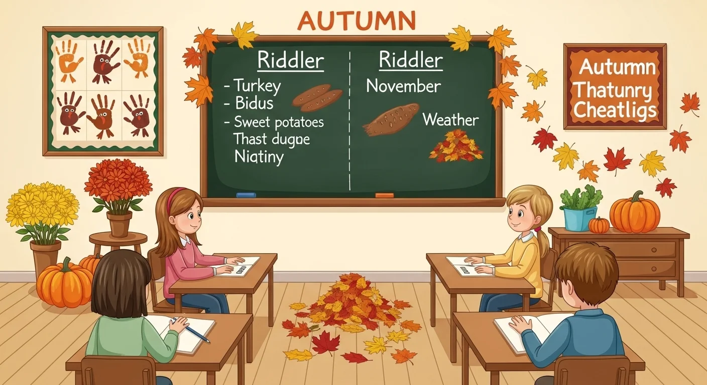 Students solving November riddles in decorated autumn classroom setting