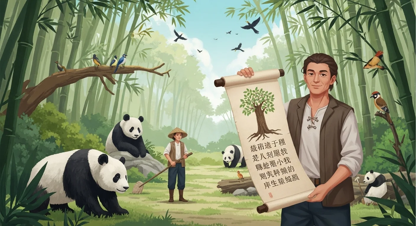125+ Fun and Educational Earth Day Riddles & Answers for All Ages 13 Person in bamboo forest with giant pandas holding educational scroll with Chinese characters about wildlife conservation