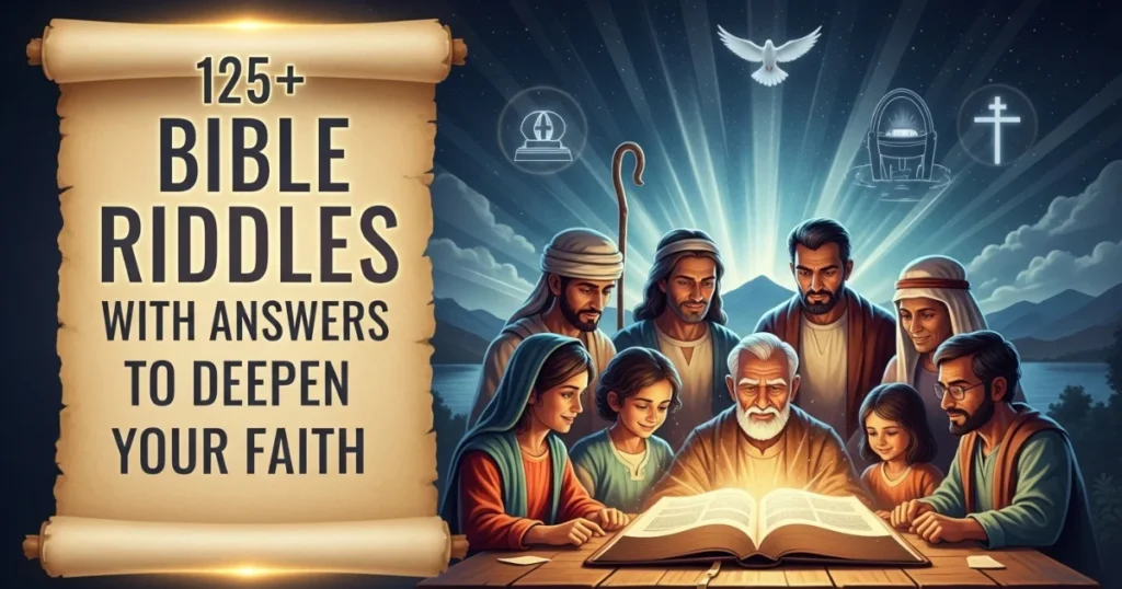 125+ Bible riddles with answers book cover showing Jesus with disciples studying scripture