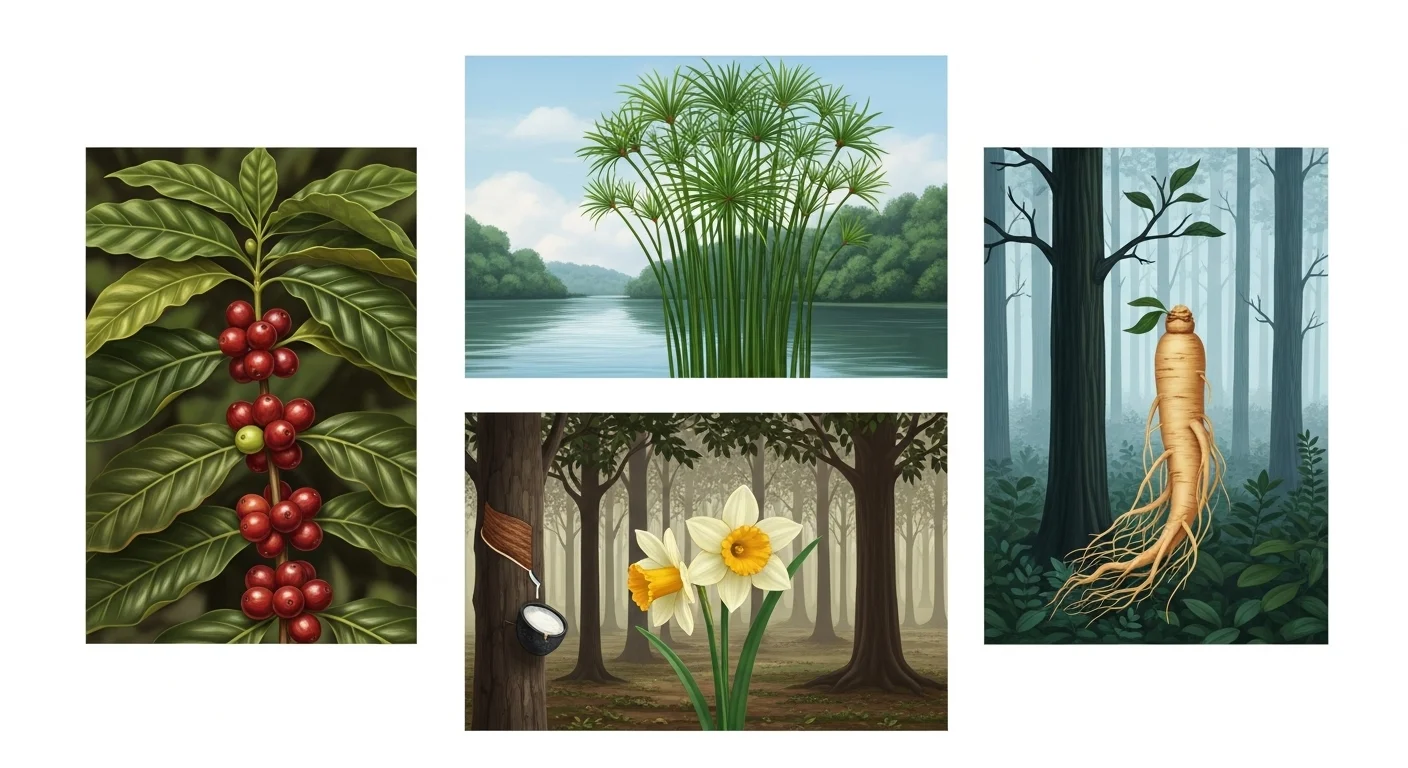 Scientific botanical illustrations showing coffee, papyrus, daffodil, ginseng
