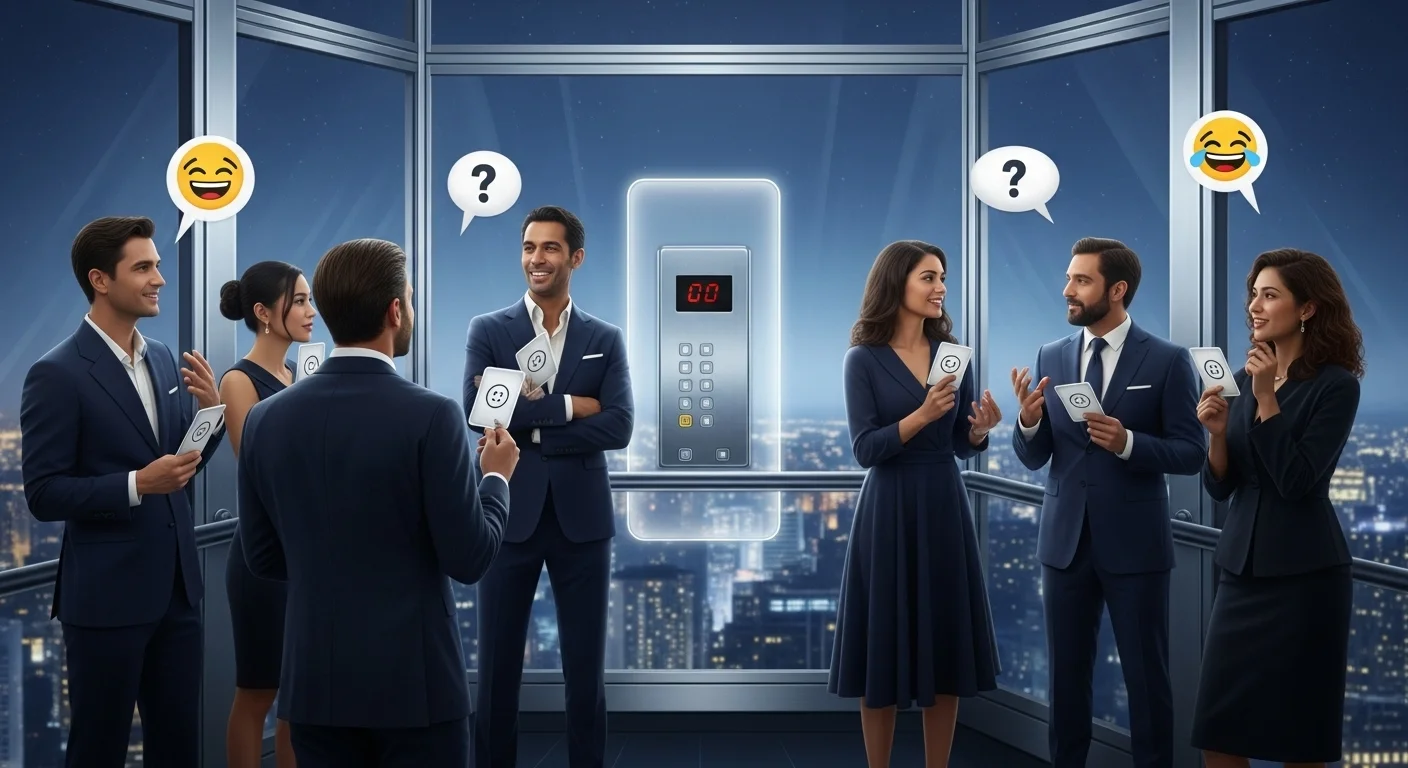 Elevate Your Elevator Rides: 125+ Elevator Riddles to Spark Fun and Laughter 6 Business professionals networking with riddle cards in glass elevator with city view