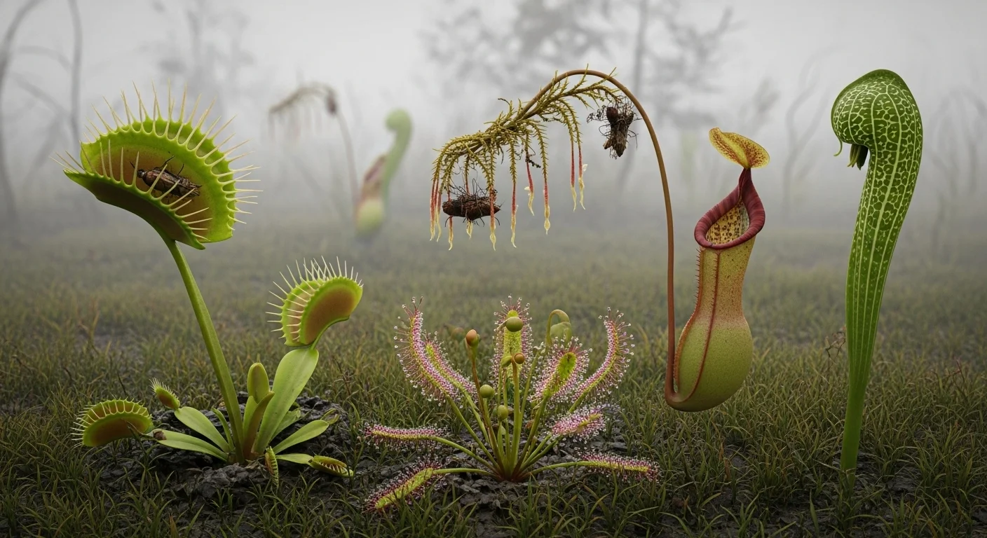 Carnivorous plants including Venus flytrap, pitcher plants and sundew