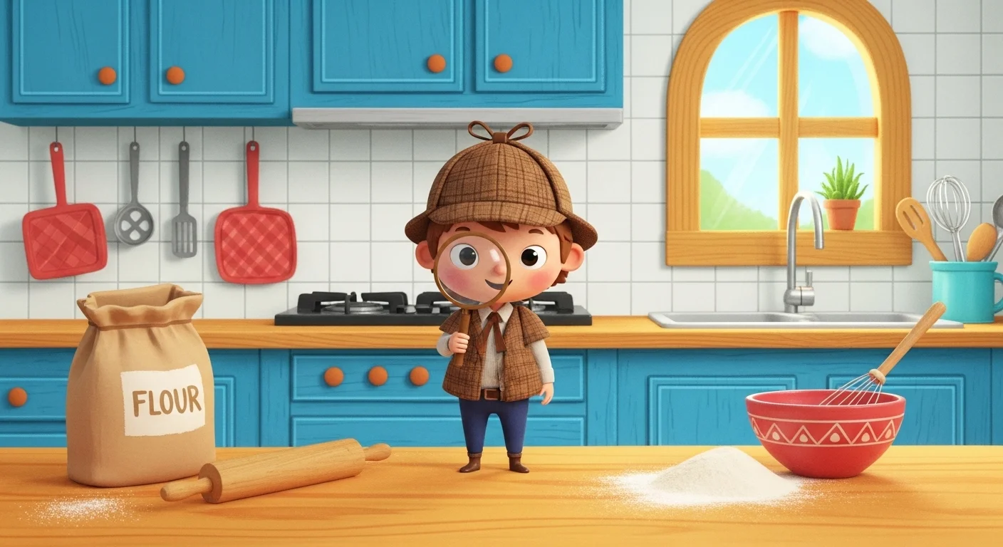 125+ Murder Mystery Riddles with Answers: Challenge Your Detective Skills! 1 Cartoon detective character in deerstalker hat solving kitchen mystery in murder mystery riddles