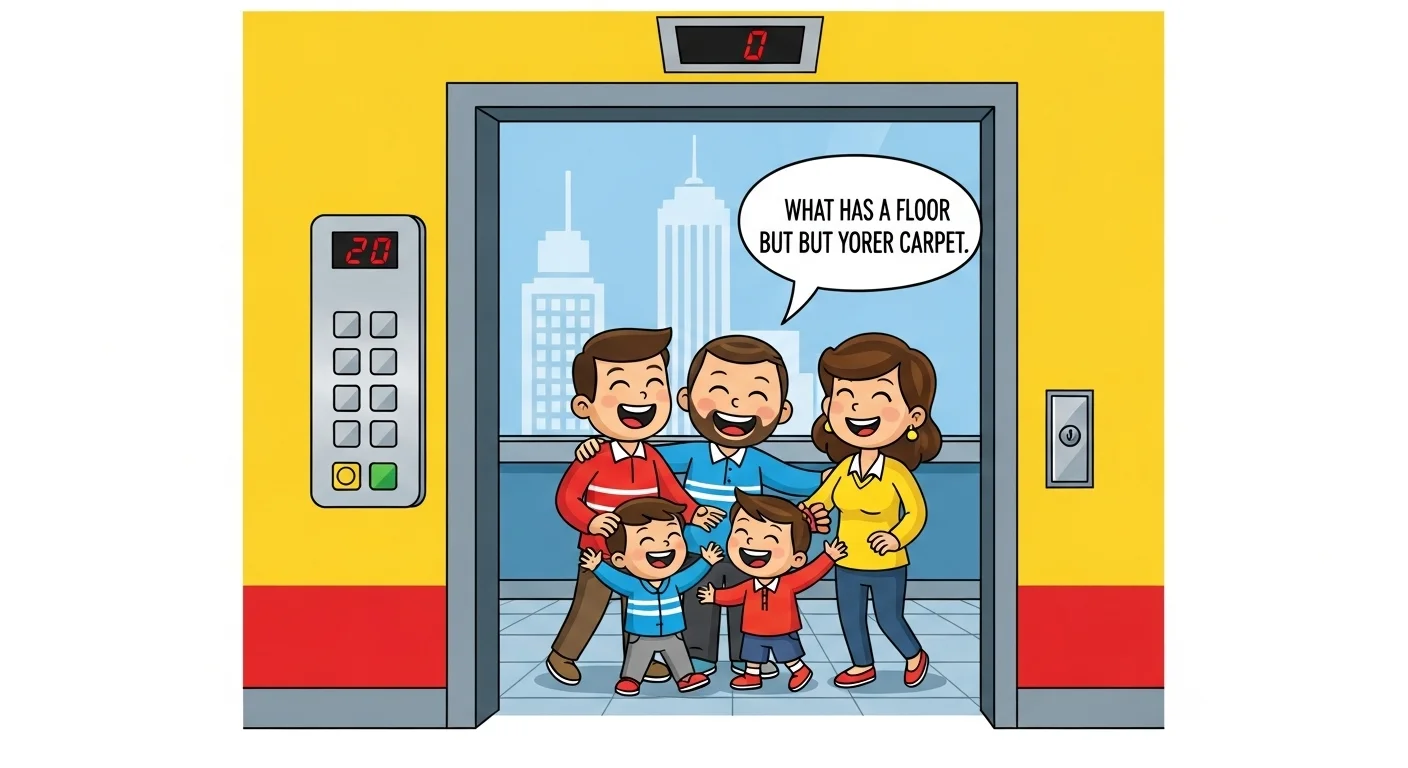 Elevate Your Elevator Rides: 125+ Elevator Riddles to Spark Fun and Laughter 1 Cartoon family laughing in colorful elevator with floor riddle speech bubble in elevator riddles