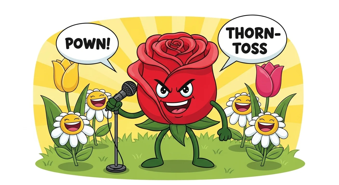 125+ Rose Riddles with Answers: A Blooming Collection of Wit and Wonder 2 Cartoon red rose character holding microphone telling jokes to laughing daisy flowers in sunny garden