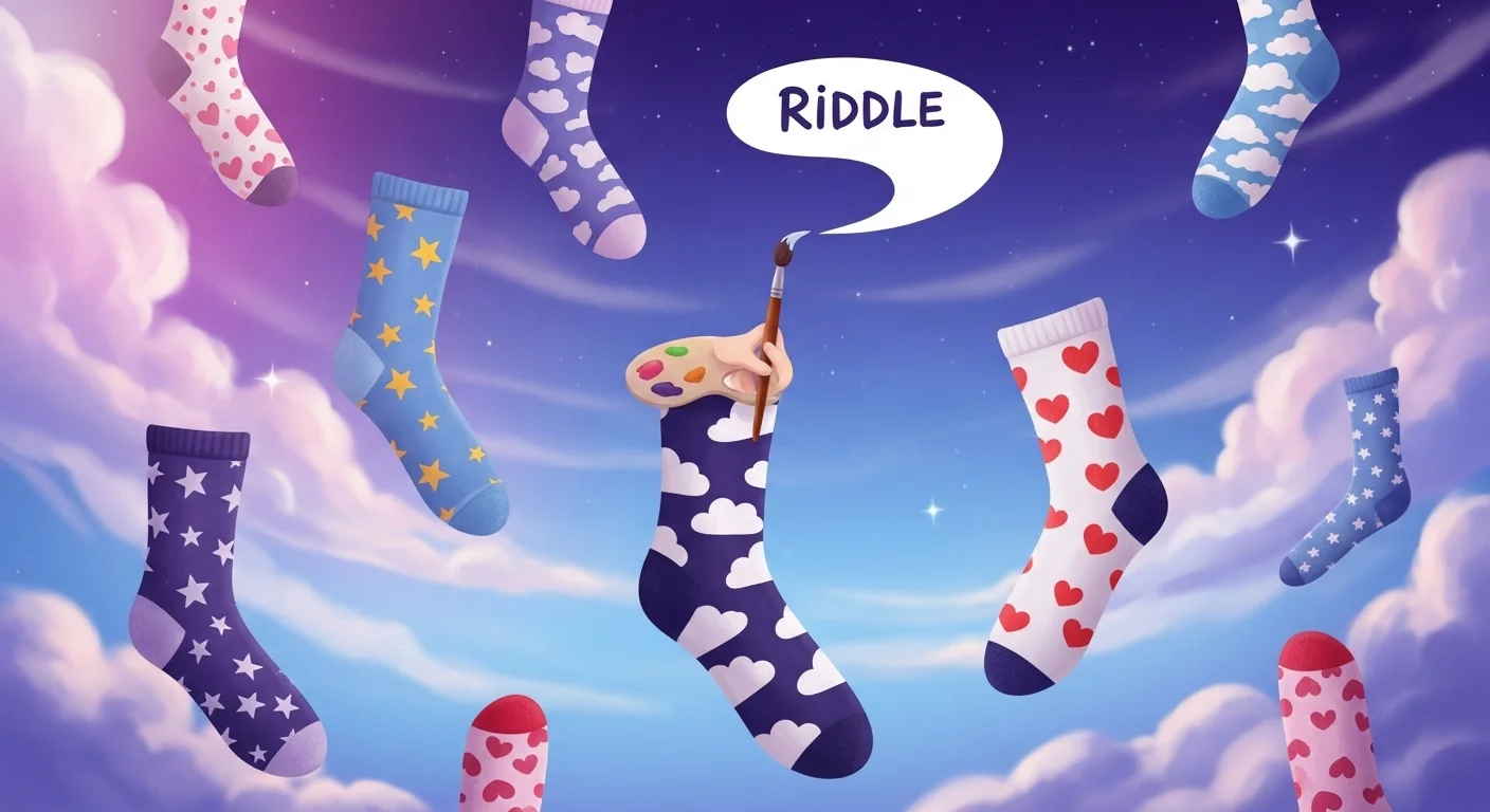 125+ Socks Riddles with Answers: From Classic to Hilarious 8 Artistic socks floating in dreamy sky with paint palette riddle