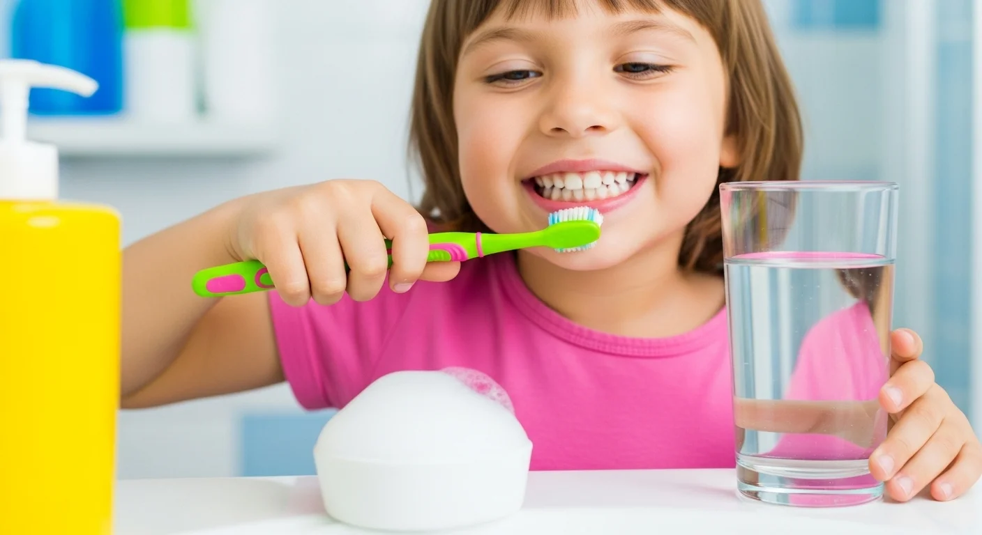 Happy young girl with bangs brushing teeth with green toothbrush and holding glass of water in bright bathroom setting