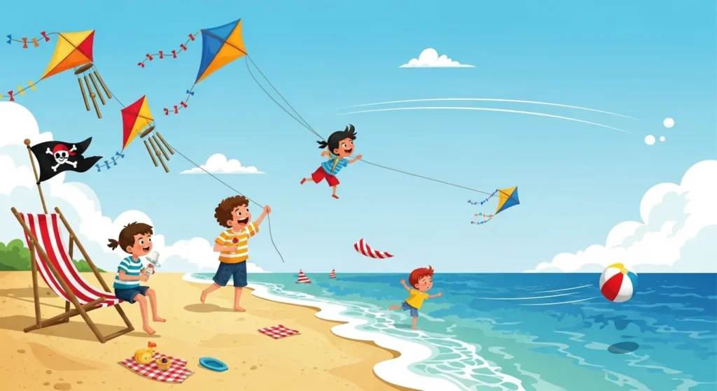 125+ Wind Riddles with Answers: Unlock the Mystery of the Wind 5 Children flying colorful kites on sunny beach with pirate flag