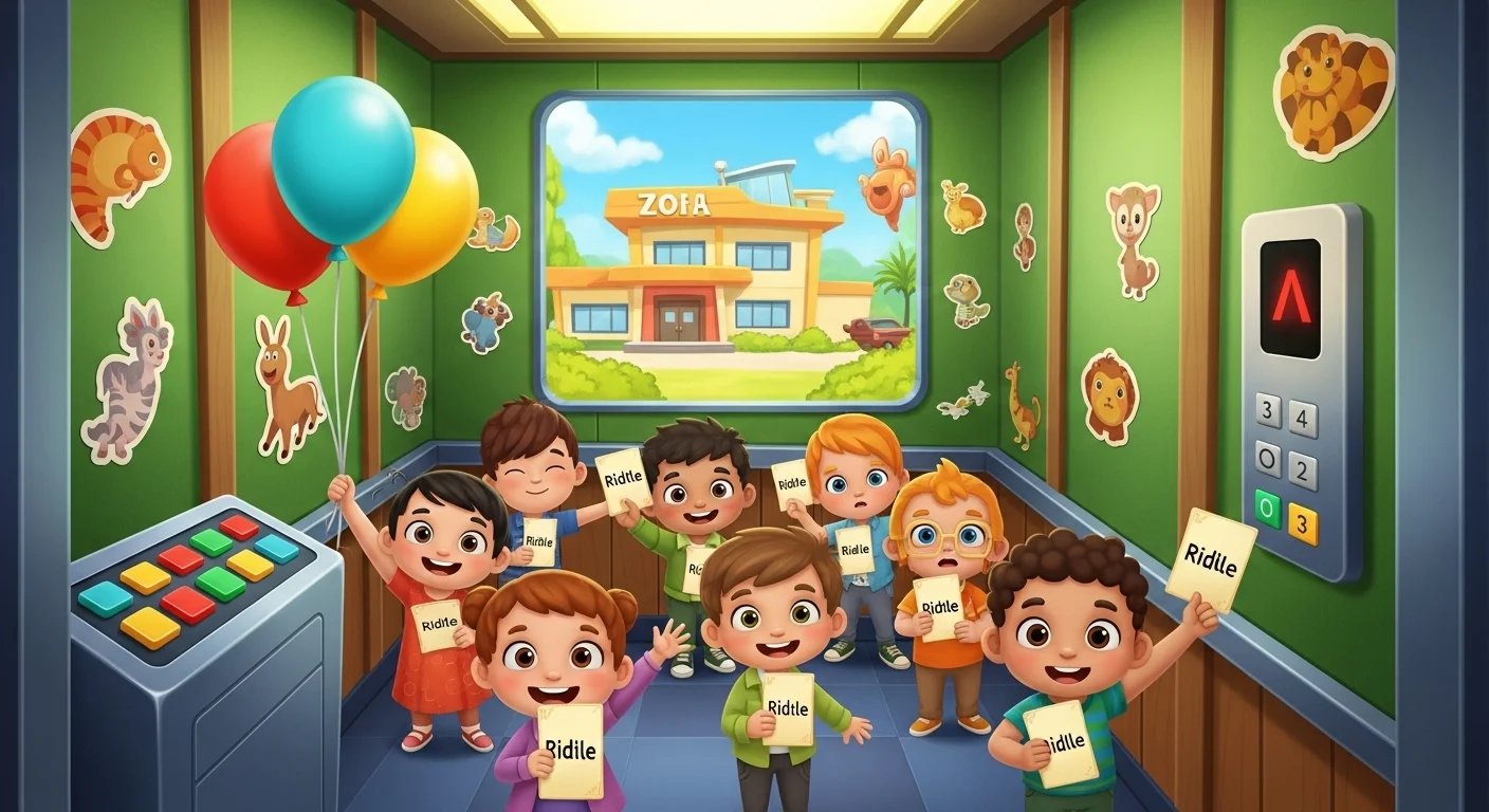 Elevate Your Elevator Rides: 125+ Elevator Riddles to Spark Fun and Laughter 5 Group of cartoon children holding riddle cards in colorful zoo-themed elevator
