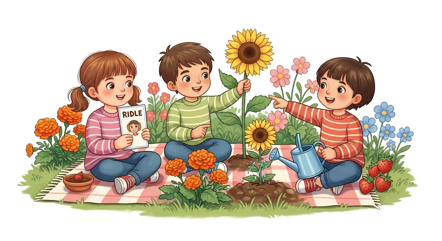 125+ Garden Riddles with Answers: Unravel the Mysteries of Nature 1 Three children solving garden riddles with flowers and nature props