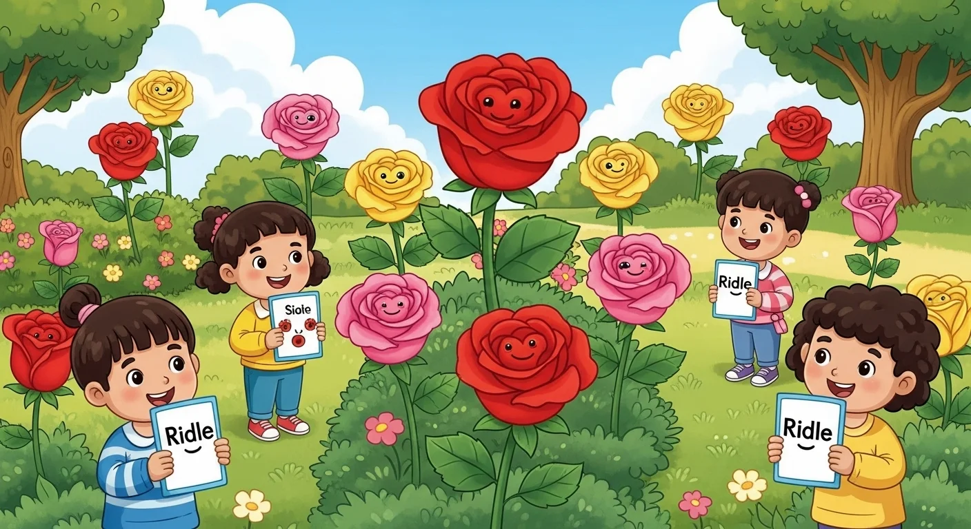 125+ Rose Riddles with Answers: A Blooming Collection of Wit and Wonder 5 Happy cartoon children holding riddle signs in colorful rose garden with smiling animated red, pink and yellow roses