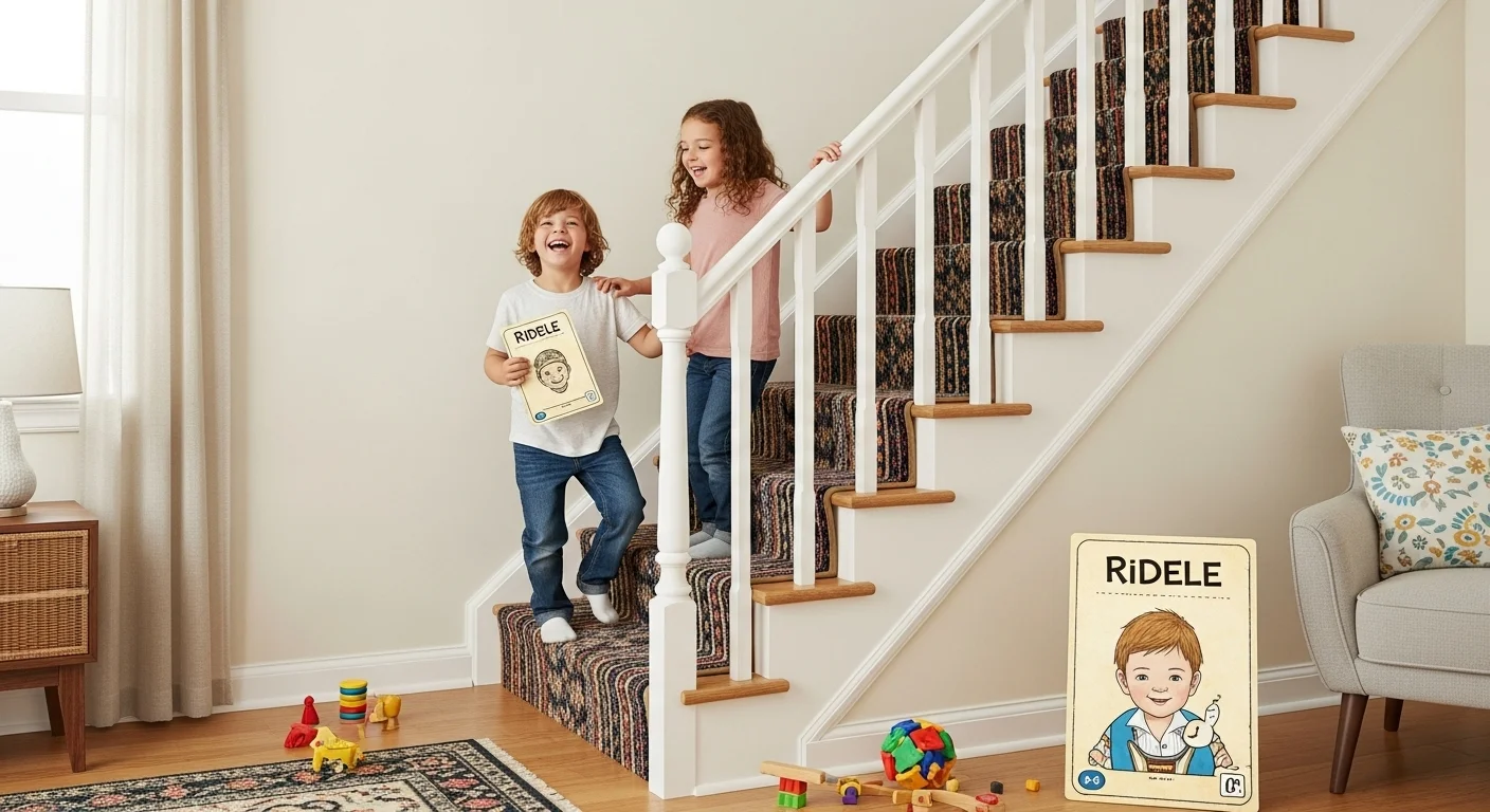 Two kids laughing while playing with stair riddles cards on home staircase