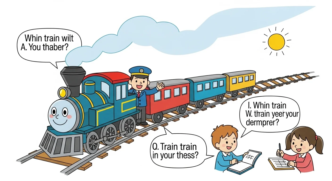 Kids solving train riddles with cartoon locomotive and conductor