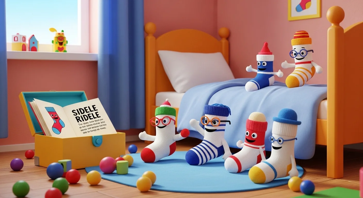 125+ Socks Riddles with Answers: From Classic to Hilarious 4 Colorful sock puppets in child's bedroom with riddle book