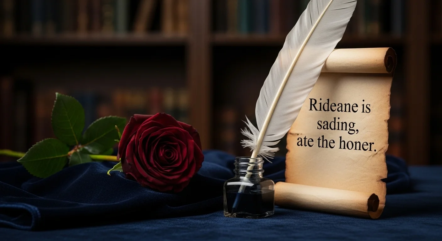 125+ Rose Riddles with Answers: A Blooming Collection of Wit and Wonder 6 Dark red rose with vintage quill pen, ink bottle and parchment scroll showing riddle text in classical library setting