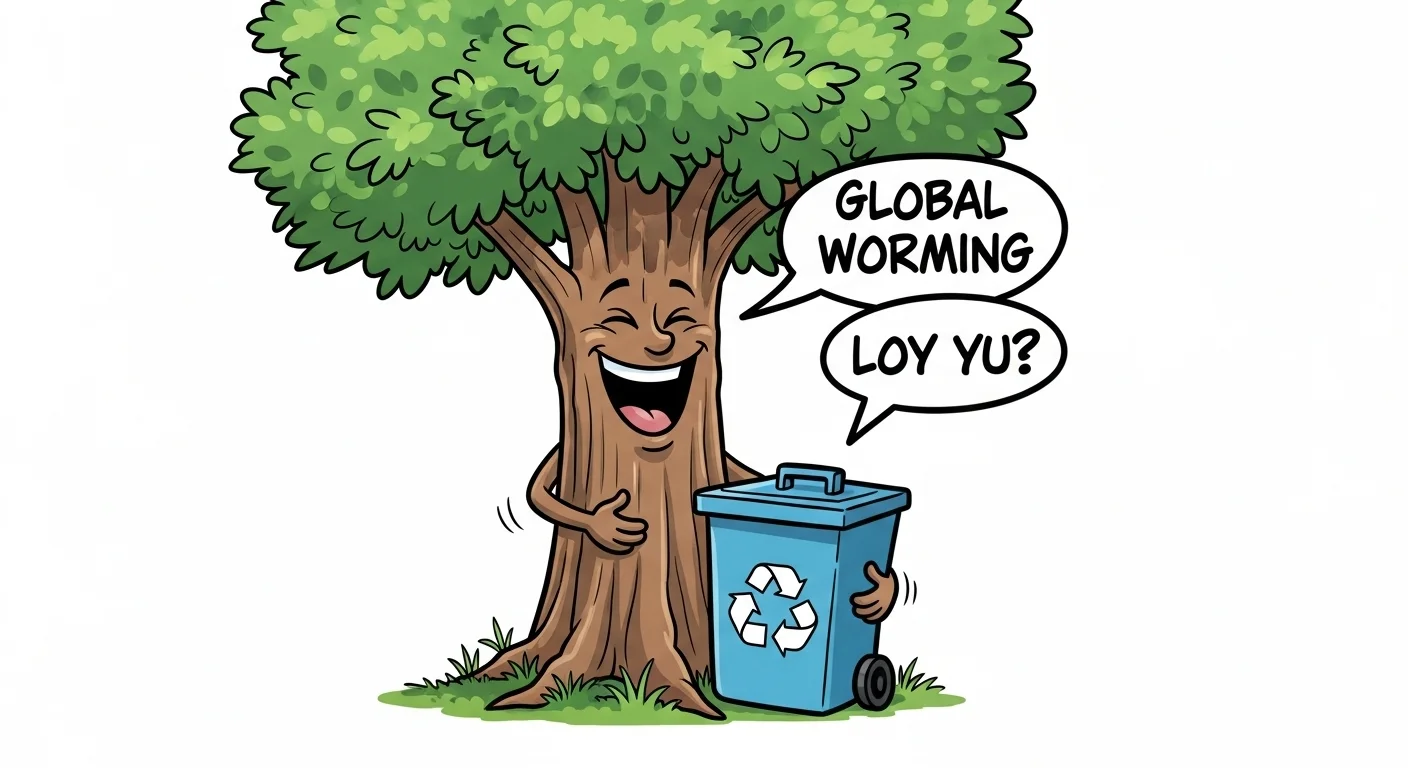 125+ Fun and Educational Earth Day Riddles & Answers for All Ages 6 Cartoon tree character holding recycling bin with speech bubbles about global warming and environmental humor