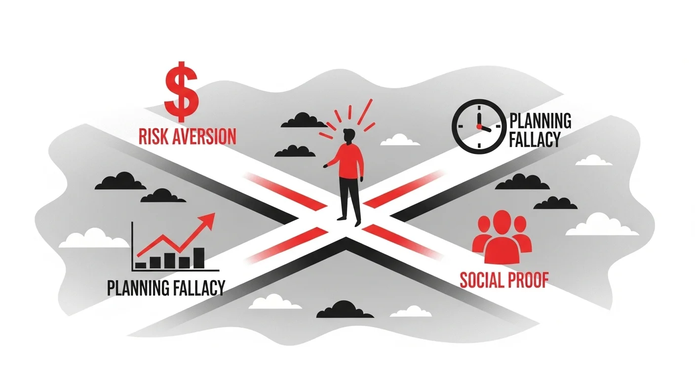 125+ Psychology Riddles & Answers: Unravel the Mysteries of Mind 8 Person at crossroads with planning fallacy, risk aversion, and social proof labels