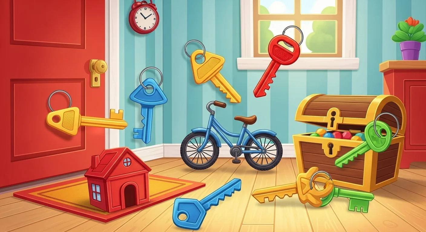 125+ Key Riddles with Answers to Unlock Your Mind 4 Cartoon room with colorful keys, treasure chest, bicycle, and house model creating puzzle game environment